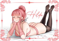 Rule 34 | 1girl, ass, black thighhighs, border, bra, breasts, character name, cleavage, commission, elbow gloves, female focus, fire emblem, fire emblem: three houses, fire emblem warriors: three hopes, garter belt, gloves, hands on own face, highres, hilda valentine goneril, lingerie, looking at viewer, lying, matching hair/eyes, medium breasts, nintendo, official alternate hairstyle, on stomach, pink border, pink bra, pink eyes, pink gloves, pink hair, pink theme, shizuko hideyoshi, signature, solo, thighhighs, thong, underwear, underwear only, white background