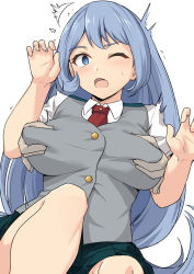 Rule 34 | 1girl, blue eyes, blue hair, blush, boku no hero academia, grabbing another&#039;s breast, breasts, buttons, collared shirt, grabbing, green vest, hadou nejire, large breasts, light blue hair, long hair, looking at viewer, necktie, one eye closed, open mouth, pleated skirt, school uniform, shirt, shiseki hirame, short sleeves, simple background, skirt, solo focus, u.a. school uniform, very long hair, vest, white background, white shirt