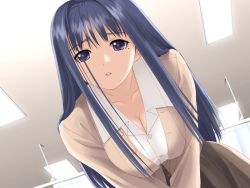 Rule 34 | 00s, 1girl, after (game), bent over, black skirt, blazer, blue eyes, blue hair, breasts, buttons, ceiling, chihaya miyuki, cleavage, collarbone, collared shirt, cowboy shot, curtains, downblouse, dutch angle, from below, game cg, hair intakes, hanging breasts, indoors, jacket, large breasts, lights, long hair, long sleeves, looking at viewer, matching hair/eyes, mole, mole under eye, parted lips, pleated skirt, pov, purple eyes, raised eyebrows, shirt, sidelocks, skirt, solo, tony taka, unbuttoned, upper body, v arms, very long hair, white shirt, wing collar