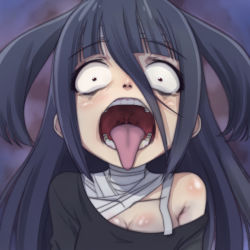 Rule 34 | 10s, 1girl, bandages, black hair, blush, breasts, cleavage, constricted pupils, large breasts, long hair, looking at viewer, off shoulder, open mouth, red eyes, single bare shoulder, solo, t jiroo (ringofriend), teeth, tongue, tongue out, upper body, uvula, yamada tae, zombie, zombie land saga