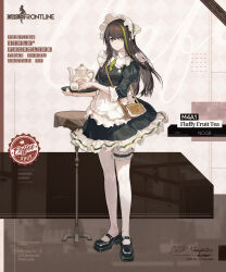 Rule 34 | 1girl, apron, bag, black dress, black footwear, bonnet, bridal garter, brown background, brown bag, brown eyes, brown hair, character name, closed mouth, commentary, copyright name, cup, dress, english commentary, english text, full body, girls&#039; frontline, green hair, green necktie, hair between eyes, handbag, highres, holding, holding cup, holding tray, long hair, looking at viewer, m4a1 (fluffy fruit tea) (girls&#039; frontline), m4a1 (girls&#039; frontline), maid, maid apron, mary janes, multicolored background, multicolored hair, necktie, official alternate costume, official art, pantyhose, promotional art, puffy sleeves, second-party source, shoes, short necktie, simple background, smile, solo, standing, streaked hair, table, teacup, teapot, tray, umo (mica team), white apron, white background, white pantyhose