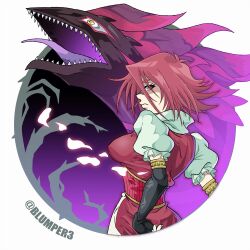 Rule 34 | black gloves, black rose dragon, blumper3, dress, elbow gloves, gloves, hair down, highres, izayoi aki, looking back, puffy sleeves, red dress, red hair, staring, yu-gi-oh!, yu-gi-oh! 5d&#039;s