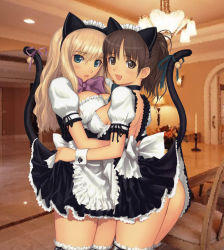 Rule 34 | 2girls, animal ears, aqua eyes, ass, bell, blonde hair, bow, breast press, breasts, brown eyes, brown hair, cat ears, cat tail, clothes lift, hug, lifted by tail, maid, multiple girls, ribbon, sideboob, skirt, skirt lift, symmetrical docking, tail, tail bell, tail bow, tail ornament, tail ribbon, thighs, tony taka, wrist cuffs