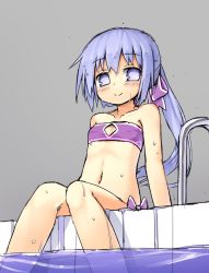 Rule 34 | 1girl, bikini, child, female focus, flat chest, hassai, light purple hair, navel, partially submerged, pool, smile, solo, strapless, swimsuit, tube top, water, wet