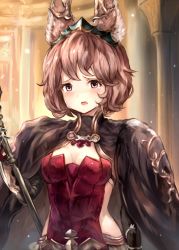 Rule 34 | 1girl, animal ears, bad id, bad pixiv id, blush, breasts, brown hair, cleavage, cloak, constance (granblue fantasy), crying, crying with eyes open, erune, granblue fantasy, highres, looking at viewer, medium breasts, no eyewear, open mouth, red eyes, solo, staff, sukemyon, tears, tiara, upper body