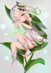 Rule 34 | 1girl, ;), absurdres, ass, bracelet, cape, commentary request, dress, genshin impact, gradient hair, green eyes, grey hair, hair between eyes, hair ornament, head rest, highres, jewelry, knee up, kyuri senbei, long hair, looking at viewer, multicolored hair, nahida (genshin impact), one eye closed, orb, plant, pointy ears, short sleeves, side ponytail, sidelocks, simple background, sitting, smile, solo, stirrup legwear, symbol-shaped pupils, toeless legwear, toes, two-tone hair, white dress