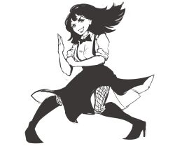 Rule 34 | 1girl, absurdres, black bow, black bowtie, black hair, boots, bow, bowtie, bras d&#039;honneur, collared shirt, full body, greyscale, grin, high heel boots, high heels, highres, monochrome, real life, shirt, shoes, simple background, smile, solo, takeuchi mariya, thighhighs, triple-q, white background