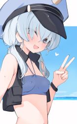 Rule 34 | 1girl, :d, blue archive, blue hair, blue hat, blush, breasts, covered erect nipples, hair over eyes, hat, highres, long hair, looking at viewer, mikozin, open mouth, purple eyes, small breasts, smile, solo, twintails, v, valkyrie police academy student