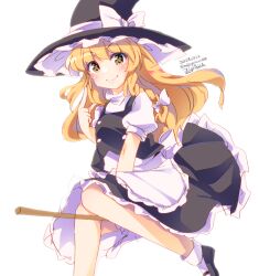 Rule 34 | 1girl, apron, black hat, blonde hair, bow, braid, broom, broom riding, closed mouth, commentary request, dated, enjoy mix, hair bow, hat, kirisame marisa, long hair, looking at viewer, one-hour drawing challenge, short sleeves, side braid, signature, simple background, single braid, smile, solo, touhou, twitter username, waist apron, white background, white bow, witch hat, yellow eyes