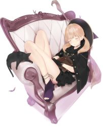 Rule 34 | 1girl, ama mitsuki, animal, antenna hair, bare legs, black cat, black choker, black cloak, black dress, black gloves, blonde hair, book, bug, butterfly, cat, chair, choker, cloak, closed eyes, cross, cross necklace, dress, facing viewer, gloves, has bad revision, high heels, holding, holding book, insect, jewelry, knees up, latin cross, low twintails, lying, md5 mismatch, necklace, on back, original, parted lips, purple footwear, resolution mismatch, shoes, simple background, sleeping, solo, source smaller, thighs, toeless footwear, twintails, white background