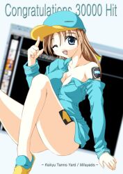Rule 34 | 1girl, 2000s (style), ;d, archived source, ashita yaru, baseball cap, blue eyes, blue footwear, blue hat, blue shirt, breasts, brown hair, buttons, cleavage, collarbone, collared shirt, commentary request, dress shirt, fang, fingernails, hair between eyes, hand up, hat, long hair, long sleeves, looking at viewer, medium breasts, milestone celebration, off shoulder, one eye closed, open mouth, original, personification, shirt, single bare shoulder, sitting, slippers, smile, solo, two-tone footwear, two-tone headwear, yellow footwear, yellow hat