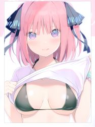 Rule 34 | 1girl, 6u (eternal land), :q, absurdres, bead bracelet, beads, bikini, black bikini, bracelet, breasts, breasts apart, closed mouth, clothes lift, go-toubun no hanayome, hair ornament, halterneck, halterneck, hand up, highres, jewelry, lifting own clothes, looking at viewer, medium breasts, nakano nino, pink hair, purple eyes, scan, shirt, shirt lift, short hair, short sleeves, smile, solo, swimsuit, t-shirt, tongue, tongue out, two side up, upper body, white shirt