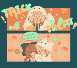 Rule 34 | 1boy, 1girl, :3, @ @, blush, brown hair, chibi, closed eyes, collar x malice, commentary request, ghost, ghost costume, green background, grey hair, halloween, halloween costume, hat, highres, hoshino ichika (collar x malice), hug, long hair, okazaki kei, open mouth, orange background, short hair, translation request, trick or treat, w047, white hair, witch, witch hat