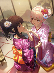 2girls back_bow black_hair blonde_hair blush bow breasts collarbone commentary_request edgar_syu floral_print flower hair_bun hair_flower hair_ornament hand_on_another&#039;s_chin highres inoue_takina japanese_clothes kimono long_hair lycoris_recoil medium_breasts multiple_girls nishikigi_chisato obi open_mouth pink_kimono purple_eyes purple_kimono red_eyes red_flower sash sidelocks single_side_bun tatami teeth upper_teeth_only wide_sleeves yellow_bow yuri