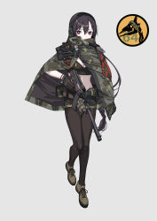 Rule 34 | 1girl, absurdres, alternate costume, belt, belt pouch, black gloves, black hair, braid, breasts, camouflage, camouflage shorts, cleavage, cloak, commentary request, covered mouth, crop top, earmuffs, explosive, expressionless, flashbang, girls&#039; frontline, gloves, grenade, grey background, gun, gun sling, hair between eyes, headphones, highres, holding, holding gun, holding weapon, integral suppressor, integrally-suppressed firearm, logo, long hair, looking at viewer, magazine (weapon), medium breasts, midriff, military, military uniform, mod3 (girls&#039; frontline), pantyhose, pouch, red eyes, shoes, short shorts, shorts, sidelocks, simple background, skeleton, solo, strap, submachine gun, suppressor, type 64 (girls&#039; frontline), type 64 (mod3) (girls&#039; frontline), type 64 smg, uniform, weapon, woodland camouflage, yitiao er-hua