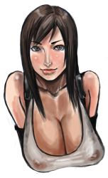 Rule 34 | 1990s (style), 1girl, bare shoulders, breasts, brown eyes, brown hair, cleavage, female focus, final fantasy, final fantasy vii, long hair, nipples, retro artstyle, see-through, shibusun, shirt, solo, square enix, suspenders, tifa lockhart, wet, wet clothes, wet shirt, white background, white shirt