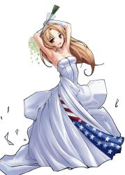 Rule 34 | 1girl, aegis (nerocc), american flag, arched back, armpits, arms up, azur lane, blonde hair, bouquet, breasts, character name, cleavage, cleveland (azur lane), dress, flower, full body, gloves, highres, holding, holding bouquet, long dress, long hair, looking at viewer, medium breasts, open mouth, parted bangs, red eyes, simple background, smile, solo, standing, strapless, strapless dress, tiara, white background, white dress, white gloves