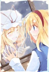 Rule 34 | 2girls, alice margatroid, blonde hair, blue eyes, coat, english text, closed eyes, faech, happy, hat, hat ribbon, headband, highres, indoors, long fingers, long hair, long sleeves, looking at another, looking outside, mob cap, multiple girls, open mouth, ribbon, short hair, smile, snow, touhou, vest, window, glass writing, writing, yakumo yukari