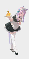 Rule 34 | 1girl, absurdres, alternate costume, animal ears, black footwear, blush, cake, ciloranko, duplicate, enmaided, food, full body, hair ornament, highres, horse ears, horse tail, maid, maid headdress, mary janes, mejiro mcqueen (umamusume), pixel-perfect duplicate, purple eyes, purple hair, shoes, simple background, smile, solo, standing, tail, thighhighs, umamusume, white background, white thighhighs