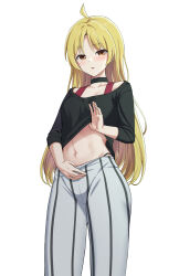 Rule 34 | 1girl, absurdres, ahoge, black choker, black shirt, blonde hair, blush, bocchi the rock!, breasts, brown eyes, choker, clothes lift, collarbone, commentary, cowboy shot, grey pants, highres, ijichi seika, lifting own clothes, long hair, long sleeves, looking at viewer, midriff, navel, pants, parted lips, ptal, shirt, shirt lift, sidelocks, simple background, small breasts, solo, standing, striped clothes, striped pants, vertical-striped clothes, vertical-striped pants, white background
