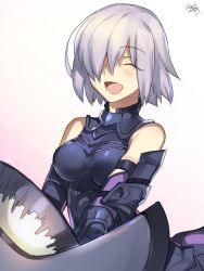 Rule 34 | 1girl, armor, bare shoulders, black armor, blush, breasts, closed eyes, fate/grand order, fate (series), hair between eyes, hair over one eye, holding, holding shield, holding weapon, mash kyrielight, medium breasts, nikame, open mouth, shield, short hair, signature, simple background, smile, solo, weapon