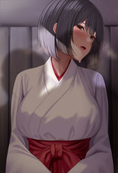 Rule 34 | 1girl, black eyes, black hair, blush, breasts, huyumitsu, japanese clothes, large breasts, looking at viewer, miko, open mouth, original, short hair, silhouette, solo, sweat