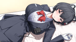 Rule 34 | 1girl, absurdres, animal ear fluff, animal ears, bed sheet, black hair, black skirt, blazer, blue archive, blush, bow, bowtie, breasts, chinese commentary, collared shirt, dishui tangni, flower, gloves, grey eyes, hair flower, hair ornament, half-closed eyes, highres, huge breasts, jacket, long sleeves, looking at viewer, official alternate costume, open mouth, parted lips, pencil skirt, raccoon ears, raccoon girl, red bow, red bowtie, shirt, short hair, skirt, solo, tour guide, tsubaki (blue archive), tsubaki (guide) (blue archive), uniform, walkie-talkie, white gloves, white shirt