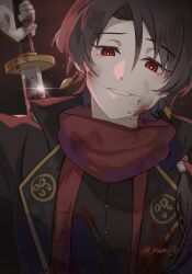 Rule 34 | 1boy, blood, blood on clothes, blood on face, bloody weapon, brown hair, chinese commentary, commentary request, earrings, hair over shoulder, highres, holding, holding sword, holding weapon, jewelry, kashuu kiyomitsu, katana, male focus, medium hair, portrait, red background, red eyes, signature, smile, solo, sword, touken ranbu, weapon, yun (dl2n5c7kbh8ihcx)
