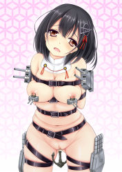 Rule 34 | 10s, 1girl, anchor, arms behind back, bad id, bad pixiv id, bdsm, belt, black hair, blush, bondage, bound, breasts, brown eyes, cannon, clitoris, clitoris piercing, cowboy shot, detached collar, artistic error, female focus, haguro (kancolle), hair ornament, hairclip, highres, kantai collection, kishimen, large breasts, long hair, looking at viewer, navel, nipple piercing, nipples, nude, open mouth, personification, piercing, pussy, pussy piercing, short hair, skindentation, solo, standing, uncensored