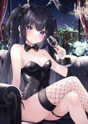 Rule 34 | 1girl, animal ears, bare shoulders, black bow, black bowtie, black hair, black leotard, black wrist cuffs, blush, bow, bowtie, breasts, candle, chandelier, city, cleavage, commentary request, couch, covered navel, crossed legs, cup, detached collar, drinking glass, earrings, fake animal ears, feet out of frame, fingernails, fishnet thighhighs, fishnets, flower, hair bow, highres, holding, holding cup, indoors, jewelry, leotard, long fingernails, long hair, looking at viewer, mahou shoujo innocent lily, medium breasts, night, on couch, parted lips, playboy bunny, purple eyes, rabbit ears, side-tie leotard, single thighhigh, sitting, solo, sparkle, strapless, strapless leotard, teeth, thigh strap, thighhighs, thighs, two side up, very long hair, white flower, window, wine glass, wrist cuffs, ymkrnchan