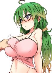 Rule 34 | 1boy, 1girl, ahoge, bare arms, bare shoulders, black-framed eyewear, blush, borrowed character, grabbing another&#039;s breast, breasts, camisole, cleavage, deep skin, covered erect nipples, glasses, grabbing, gradient hair, green hair, groin, hair between eyes, hair ornament, hair scrunchie, highres, huge breasts, large breasts, long hair, multicolored hair, navel, orange hair, original, out of frame, parted lips, purple eyes, scrunchie, simple background, solo focus, sweat, take (shokumu-taiman), white background