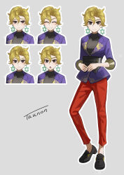 Rule 34 | 1girl, black footwear, blonde hair, briar (pokemon), bright pupils, brown eyes, closed mouth, commentary request, creatures (company), earrings, expressions, eyelashes, game freak, grey background, hair between eyes, highres, jacket, jewelry, multiple views, nintendo, outline, pants, pokemon, pokemon sv, purple jacket, red pants, ribbed shirt, shirt, shoes, short hair, signature, sleeves past elbows, smile, tau (tau 1111), white pupils