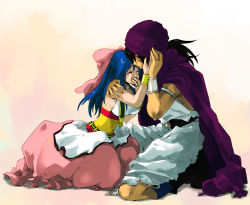 Rule 34 | 1boy, 1girl, blue hair, bow, closed eyes, comforting, couple, dragon quest, dragon quest v, dress, flora (dq5), hair bow, half updo, hand on another&#039;s head, hero (dq5), hetero, hidaka ryou, holding hands, hug, husband and wife, jewelry, kneeling, ornate ring, pink bow, ring, tears, wedding ring