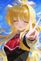 Rule 34 | 1girl, air (visual novel), ascot, black shirt, blonde hair, blue sky, blush, breasts, closed eyes, commentary request, contrail, cross, day, dot nose, facing viewer, hair ribbon, high ponytail, highres, iron cross, kamio misuzu, lens flare, light particles, long hair, long sleeves, medium breasts, nail polish, open mouth, outdoors, outstretched arm, pink nails, raised eyebrows, red ascot, ribbon, shirt, sidelocks, sky, smile, solo, sonchi, tented shirt, upper body, v, very long hair, white ribbon