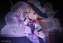 Rule 34 | 1girl, ;q, apron, artist name, black dress, blonde hair, book, bow, braid, cauldron, commentary, cooking, dress, english commentary, hat, hat ornament, kirisame marisa, long hair, mixed-language commentary, multicolored clothes, multicolored dress, mushroom, one eye closed, orange eyes, potion, red scarf, scarf, smoke, solo, star (symbol), star hat ornament, tojorin, tongue, tongue out, touhou, touhou lost branch of legend, waist apron, white bow, white dress, witch hat