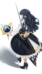 Rule 34 | 1girl, absurdres, animal ear fluff, arknights, arm behind back, armillary sphere, astesia (arknights), back, black footwear, blue dress, blue hair, braid, celestial globe, chinese commentary, dress, closed eyes, feathers, from behind, full body, high heels, highres, holding, holding sword, holding weapon, long hair, long sleeves, orb, rui (1079069837), shadow, simple background, solo, standing, sword, weapon, white background