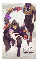 Rule 34 | 1girl, 2boys, bad id, bad pixiv id, bondrewd, boots, bow, drooling, helmet, jacket, made in abyss, multicolored hair, multiple boys, musical note, notepad, open mouth, paper roll, prushka, red eyes, ribbon, saiko67, sleeping, sleeping on person, smile, tail, whistle, zzz