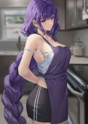 Rule 34 | 1girl, absurdres, alternate costume, apron, arms behind head, bakemonsou, bare shoulders, black shorts, blurry, blurry background, blush, braid, breasts, closed mouth, collarbone, commentary request, commission, earrings, genshin impact, highres, indoors, jewelry, kitchen, large breasts, long hair, low-braided long hair, low-tied long hair, mole, mole under eye, off shoulder, pixiv commission, purple apron, purple eyes, purple hair, raiden shogun, shirt, shorts, sideboob, sleeveless, sleeveless shirt, solo, stove, tying apron, white shirt