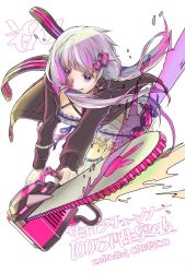 Rule 34 | 10s, 1girl, 2016, animal hood, animal print, artist name, chainsaw, cherico, dated, dress, full body, hair ornament, holding, hood, hood down, hoodie, leaning forward, long hair, long sleeves, looking at viewer, milestone celebration, multicolored hair, pink hair, purple eyes, purple hair, purple thighhighs, rabbit hood, rabbit print, simple background, smile, solo, song name, thighhighs, twintails, vocaloid, voiceroid, white background, yuzuki yukari