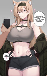 Rule 34 | 1girl, ?, absurdres, animal ear fluff, animal ears, arknights, bare shoulders, black choker, black gloves, black hairband, black jacket, black shorts, blonde hair, blue eyes, breasts, cellphone, choker, cleavage, commentary, cowboy shot, crop top, english text, fingerless gloves, gloves, grey background, groin, hair between eyes, hairband, hands on own hips, highres, holding, holding phone, horn (arknights), hypnosis, jacket, kanta (kanta 077), large breasts, long hair, long sleeves, midriff, mind control, navel, off shoulder, parted lips, phone, short shorts, shorts, simple background, smartphone, solo focus, speech bubble, standing, stomach, thighs, very long hair, wolf ears