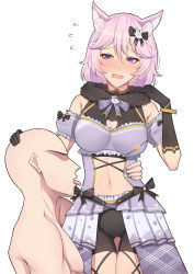 Rule 34 | 1boy, 1girl, animal ears, arm garter, bald, band-width, bike shorts, black bow, blush, bow, breasts, cleavage cutout, clothing cutout, commission, elbow gloves, frills, gloves, hair bow, hand on another&#039;s head, hand on another&#039;s waist, highres, medium breasts, medium hair, navel, nyatasha nyanners, nyatasha nyanners (3rd costume), open mouth, pink hair, purple bow, saliva, saliva trail, tongue, tongue out, virtual youtuber, vshojo