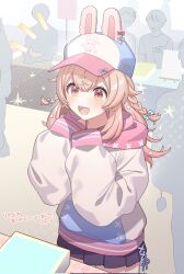 Rule 34 | 1girl, animal ears, baseball cap, black skirt, blue bow, bow, braid, convention, ear bow, hair bow, hair ornament, hat, hat ornament, heart, heart hat ornament, highres, hood, hood down, hoodie, long hair, multicolored clothes, multicolored hoodie, open mouth, phase connect, pink bow, pink hair, pipkin pippa, pleated skirt, rabbit ears, second-party source, skirt, sleeves past fingers, sleeves past wrists, solo, star (symbol), star hair ornament, table, takeko spla, twin braids, virtual youtuber