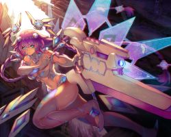 Rule 34 | 1girl, blue eyes, braid, breasts, choujigen game neptune the animation, elbow gloves, gloves, hair ornament, highres, holding, holding sword, holding weapon, long hair, navel, neptune (series), power symbol, power symbol-shaped pupils, purple hair, purple heart (neptunia), small breasts, smile, solo, sword, sxbzero, symbol-shaped pupils, thighhighs, twin braids, twintails, weapon, white gloves, white thighhighs, wings