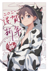 Rule 34 | 1boy, 2021, animal print, brown hair, child, chinese zodiac, cow horns, cow print, cow tail, fake horns, grey eyes, hands in pockets, highres, horns, koe (mixpi), looking at viewer, male focus, new year, onesie, original, short hair, smile, solo, tail, very short hair, year of the ox