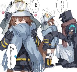 Rule 34 | 1girl, 1other, ambiguous gender, arknights, black gloves, blue scarf, boots, brown hair, brown scarf, closed eyes, commentary request, fire helmet, gloves, hair between eyes, height difference, highres, hood, hood up, knee pads, long sleeves, na tarapisu153, scarf, shaw (arknights), short hair, simple background, speech bubble, translation request, white background
