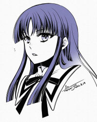 Rule 34 | 1girl, artist name, assault lily, blunt ends, commentary, cropped shoulders, dated, grey background, greyscale, long hair, looking at viewer, monochrome, neck ribbon, notice lines, parted lips, portrait, purple eyes, purple hair, ribbon, school uniform, shirai yuyu, sidelocks, simple background, solo, spot color, takemiya jin, yurigaoka girls academy school uniform