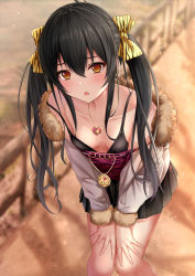 Rule 34 | 1girl, animal print, bare shoulders, black hair, blush, bow, breasts, brown eyes, fur-trimmed jacket, fur trim, hair bow, hair ribbon, highres, idolmaster, idolmaster cinderella girls, jacket, jewelry, leopard print, long hair, looking at viewer, matoba risa, monaka curl, necklace, off shoulder, open mouth, pleated skirt, ribbon, skirt, small breasts, solo, strap slip, twintails, yellow eyes
