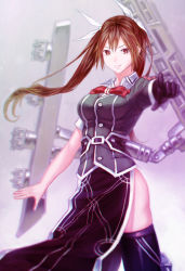 Rule 34 | 10s, 1girl, brown eyes, brown hair, foreshortening, gloves, hair ribbon, kantai collection, long hair, mecha musume, mstm, pelvic curtain, personification, pointing, pointing at viewer, ribbon, single glove, smile, solo, thighhighs, tone (kancolle), tone kai ni (kancolle), twintails