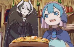 Rule 34 | 1boy, 1girl, :d, black eyes, black gloves, black hair, blue eyes, blue hair, bright pupils, cape, capelet, child, food, gloves, indoors, jacket, jitome, leaning forward, long sleeves, looking at another, made in abyss, maid, maid headdress, maruruk, mi (pic52pic), mittens, multicolored hair, open mouth, ozen, parted lips, shelf, short hair, smile, standing, trap, two-tone hair, whistle, white hair, window