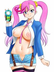 Rule 34 | 1girl, absurdres, black thighhighs, blue eyes, blush, breasts, breasts out, denim, denim shorts, digimon, digimon universe: appli monsters, highres, jacket, karan eri, large breasts, legs, lento (glamour works), light purple hair, long hair, navel, necktie, nipples, no bra, no panties, open clothes, open fly, open shirt, pantylines, pink hair, shiny skin, shirt, short shorts, shorts, simple background, solo, thighhighs, thighs, twintails, unzipped, very long hair, white background